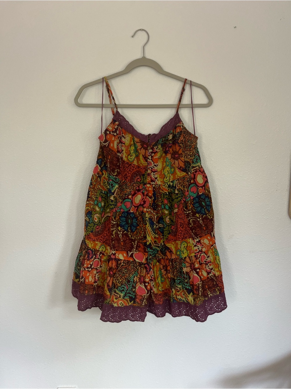 Urban Outfitters Floral Patchwork Mini Dress in Multicolor with Purple Trim
